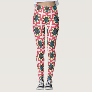 Leggings Patrón geométrico de celosía floral azul rosa