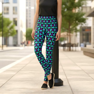 Leggings Patrón geométrico de telégrafo verde azulado y neg