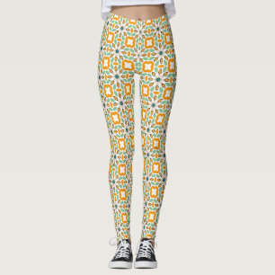 Leggings Patrón geométrico floral a naranja vintage y menta