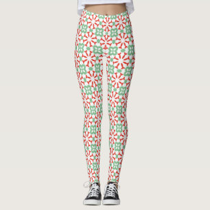 Leggings Patrón geométrico floral verde menta rojo retro