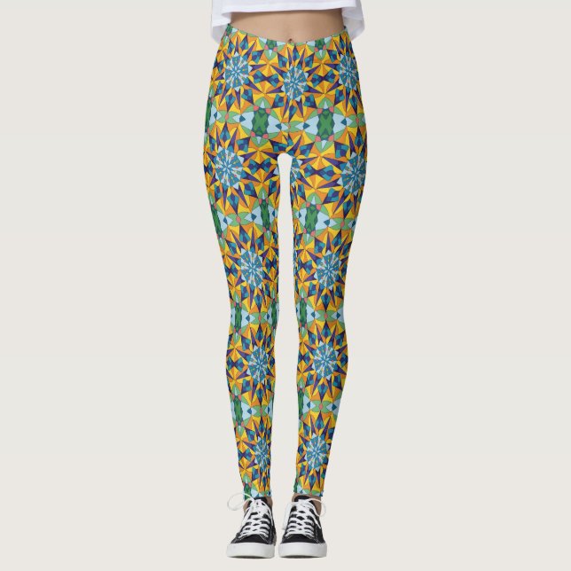 Leggings Patrón geométrico fractal azul y amarillo (Anverso)