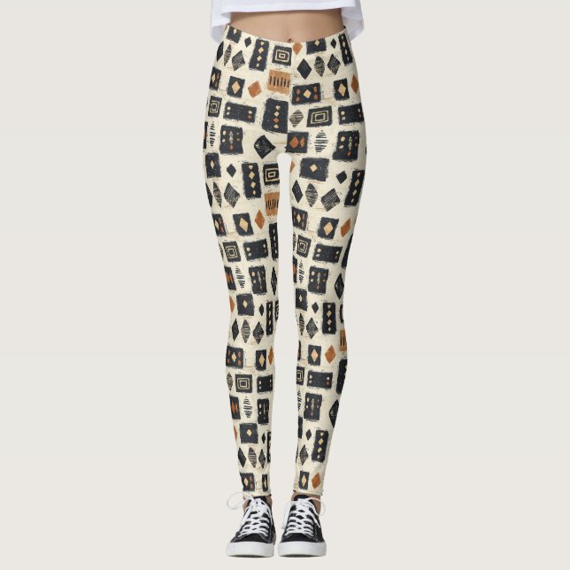 Leggings Patrón geométrico rústico de tela de barro (1) (Anverso)