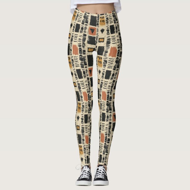Leggings Patrón geométrico rústico de tela de barro (2) (Anverso)