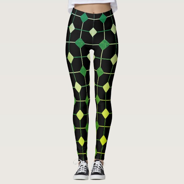 Leggings Patrón geométrico sin foco verde y amarillo sobre  (Anverso)