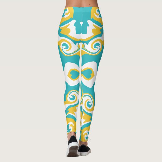 Leggings Patrón giratorio en azul turquesa y amarillo (Reverso)
