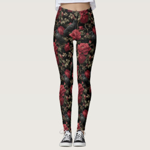 Leggings Patrón gótico con rosas y cuerdas rojas