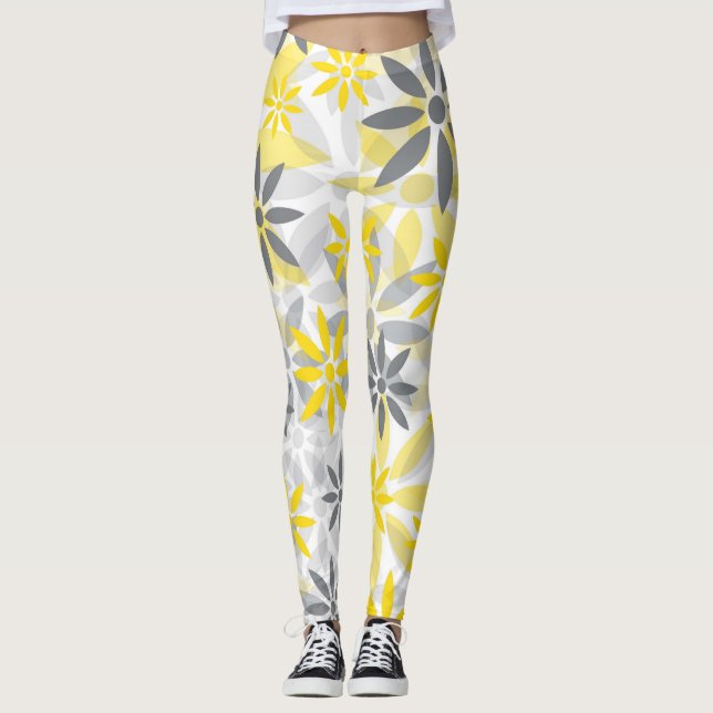 Leggings Patrón gráfico de flor gris amarillo (Anverso)