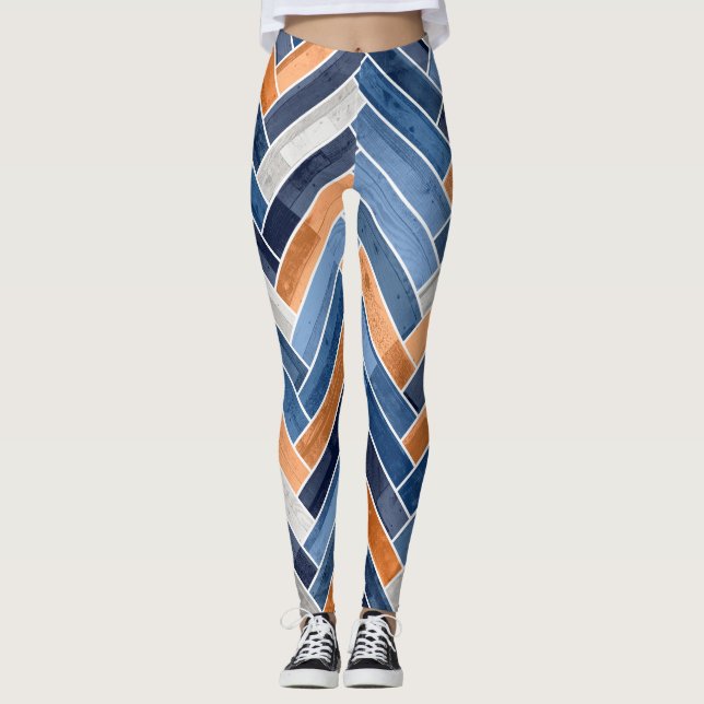Leggings Patrón Herringbone en azul y Naranja de la marina (Anverso)