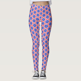 Leggings Patrón hexágono rojo blanco y azul