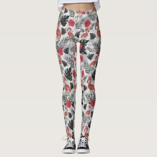 Leggings Patrón ininterrumpido de flamencos con fondo flora