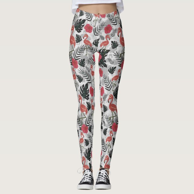 Leggings Patrón ininterrumpido de flamencos con fondo flora (Anverso)