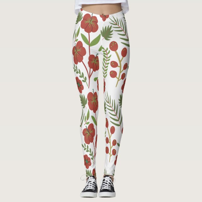 Leggings Patrón ininterrumpido de flores rojas sobre fondo  (Anverso)