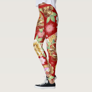 Leggings Patrón japonés de arte rojo floral de Asia