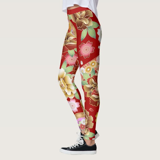 Leggings Patrón japonés de arte rojo floral de Asia (Izquierda)