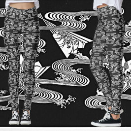 Leggings "Patrón japonés de fans" en blanco y negro
