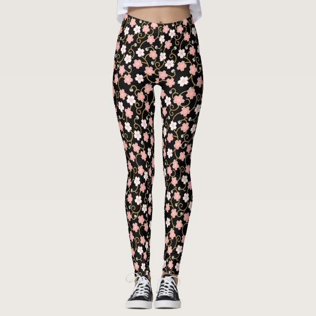 Leggings Patrón japonés de flores de cerezo (Anverso)