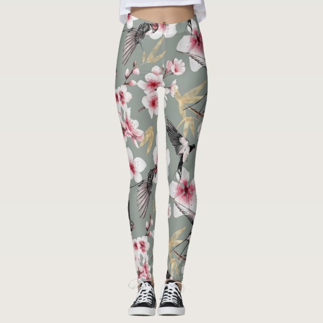 Leggings Patrón japonés de flores de cerezo rosa bonito (Anverso)
