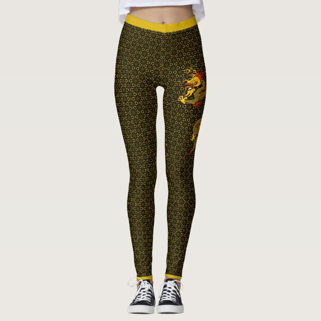Leggings Patrón japonés y dragón negro (Anverso)