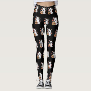 Leggings Patrón Kawaii Ghost & Pumpkin Floral Halloween
