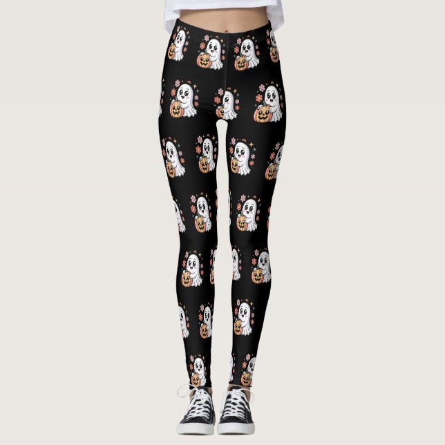 Leggings Patrón Kawaii Ghost & Pumpkin Floral Halloween (Anverso)