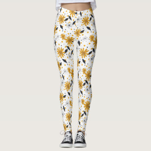 Leggings Patrón margarita amarillo y blanco con hojas oscur