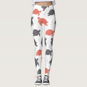 Leggings Patrón minimalista de tortuga marina en blanco y g