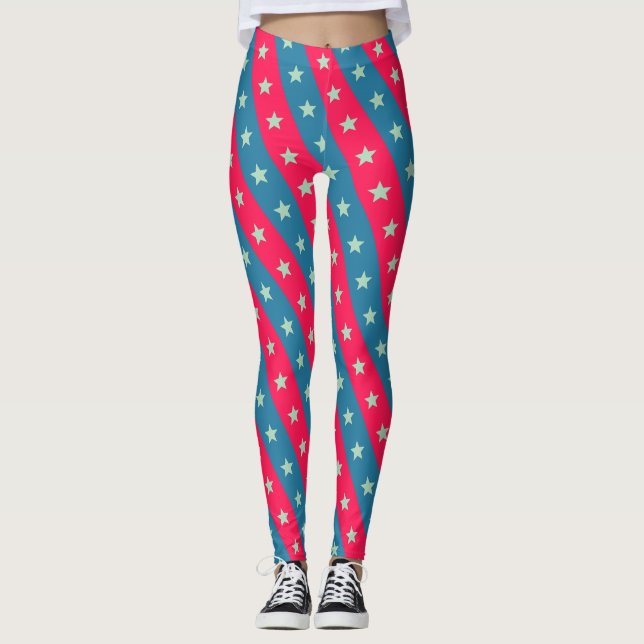 Leggings Patrón mínimo azul rosa de estrellas y líneas (Anverso)