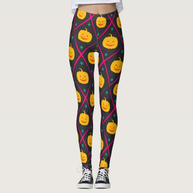 Leggings Patrón mínimo rosado negro de Halloween (Anverso)