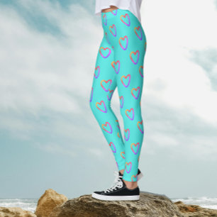 Leggings Patrón moderno de corazones de arcoíris turquesa l