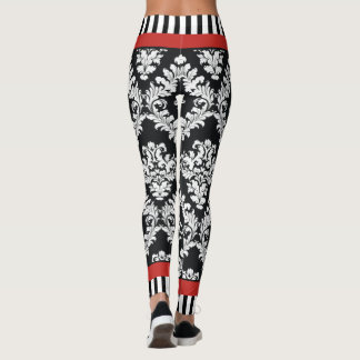 Leggings Patrón moderno de damasco blanco y negro rojo