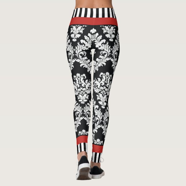 Leggings Patrón moderno de damasco blanco y negro rojo (Reverso)