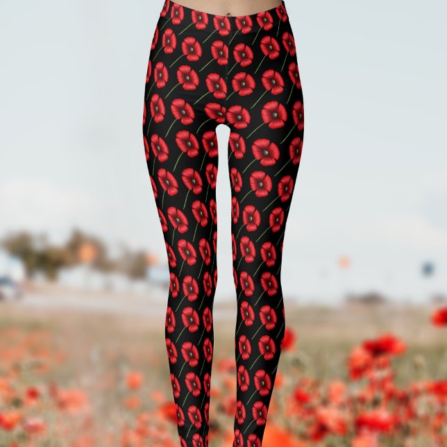 Leggings Patrón moderno de flores de amapola Piernas rojas  (Poppy pattern leggings to pop on when you feel like a pop of color in your life)