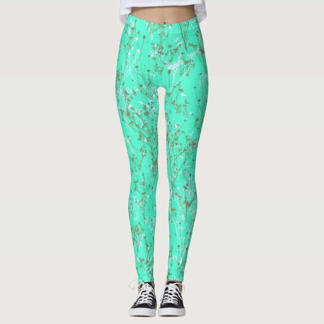 Leggings Patrón moderno de flores silvestres Aqua Blue (Anverso)