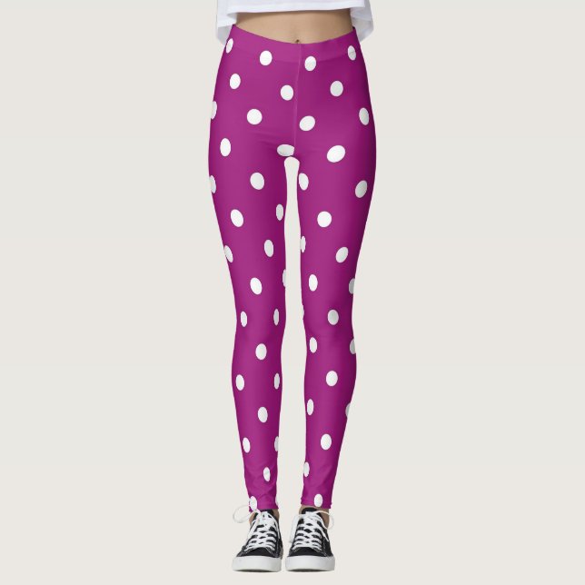 Leggings Patrón moderno de puntos de polka blanco y morado (Anverso)