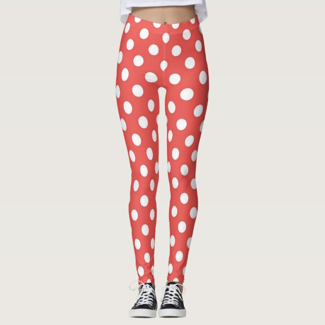 Leggings Patrón moderno de puntos de polka rojo y blanco (Anverso)