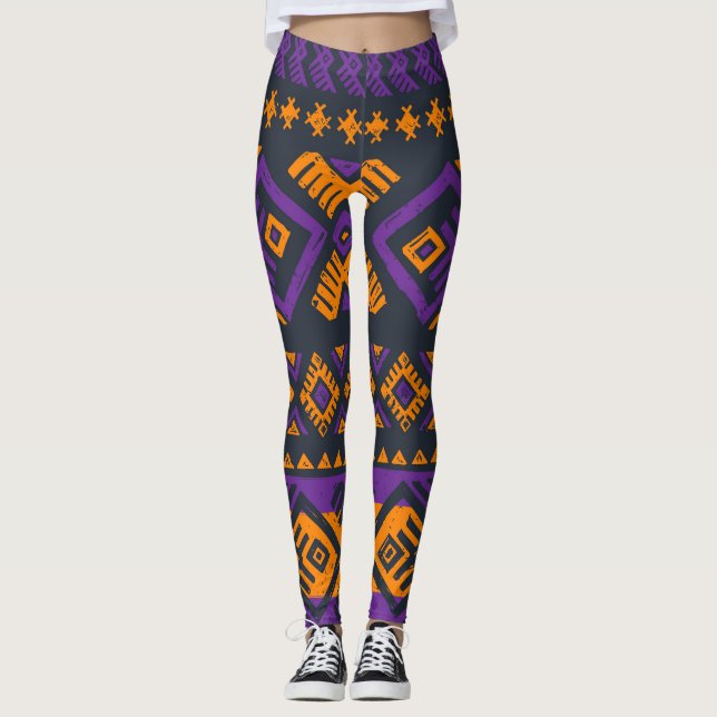 Leggings patrón naranja, violeta, tribal geométrico sin cos (Anverso)