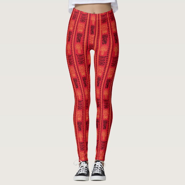 Leggings Patrón Nativo Rojo Tribu étnica Boho Cultura (Anverso)