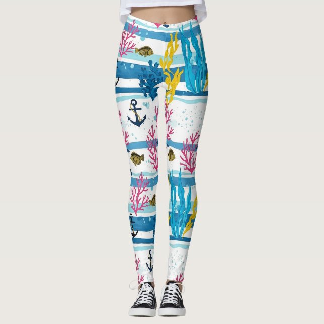 Leggings Patrón náutico acuarela retro (2) (Anverso)