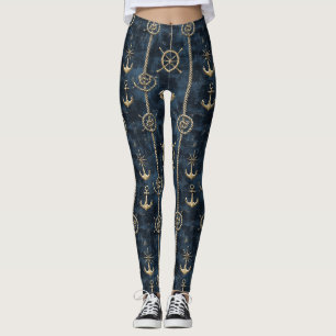 Leggings Patrón náutico de ancla y timón de oro