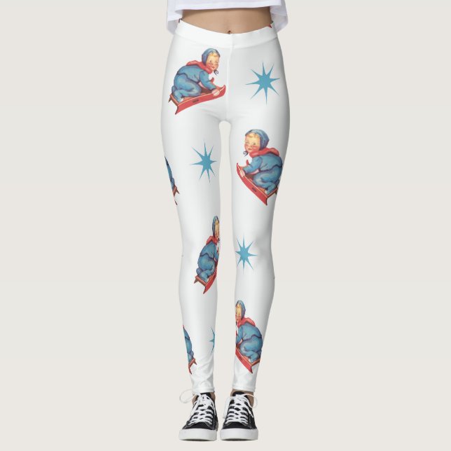 Leggings Patrón Navideño Antiguo, Niño Deslizando en la Nie (Anverso)