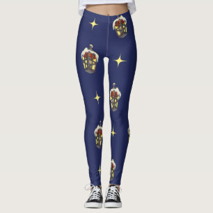 Leggings Patrón Navideño Vintage con una Linterna en Azul