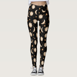 Leggings Patrón negro dorado celestial de sol y luna