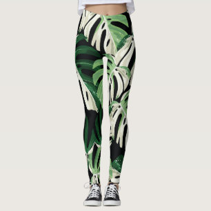 Leggings Patrón negro exótico de hojas de monstera