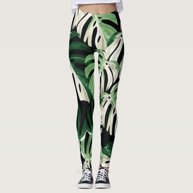 Leggings Patrón negro exótico de hojas de monstera (Anverso)