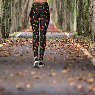 Leggings Patrón negro hojas de amapola rojas