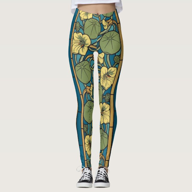 Leggings Patrón Nouveau de flor de nasturcio amarillo azul (Anverso)