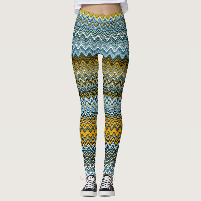 Leggings Patrón ondulado amarillo y azul único (Anverso)