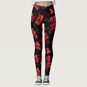 Leggings Patrón oscuro de las flores rojas