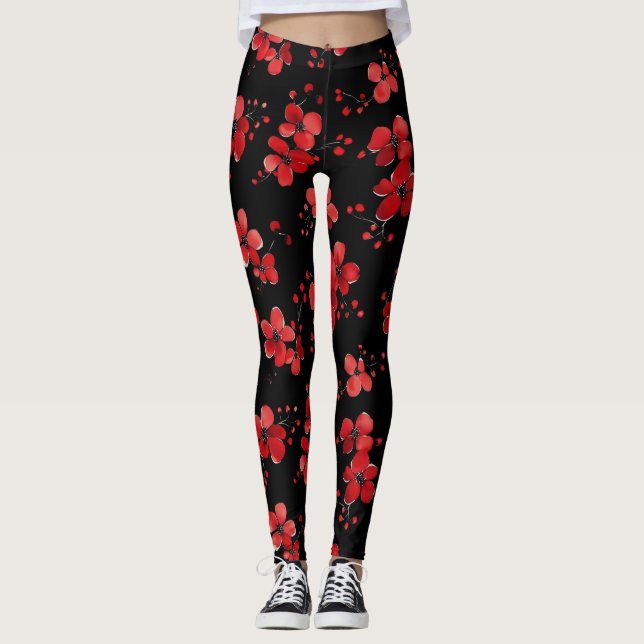 Leggings Patrón oscuro de las flores rojas (Anverso)