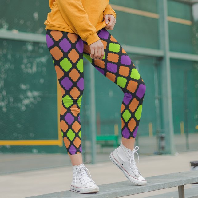 Leggings Patrón Quatrefoil de Halloween Naranja Verde Púrpu (Subido por el creador)